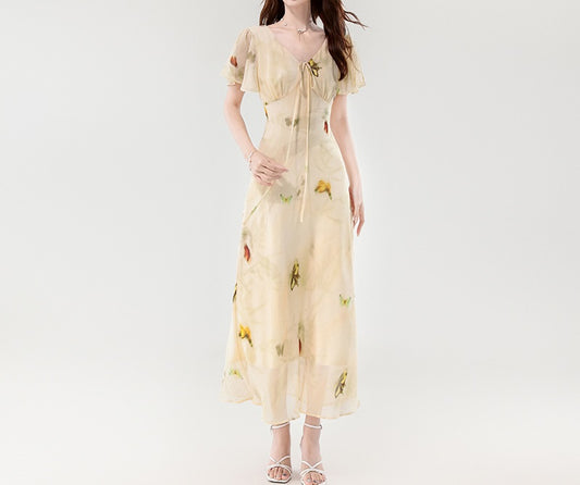French Butterfly - Printed Chiffon Maxi Dress, Deep V - Neck Tie - Up Waist Fairy Dress (Sizes S - XL)