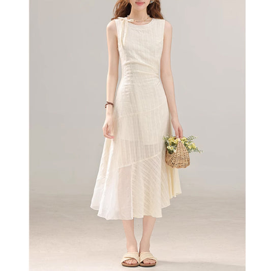 Literary Sleeveless Tie - Detailed Dress, Off - White Irregular Hem Maxi Dress (Sizes S - XL)