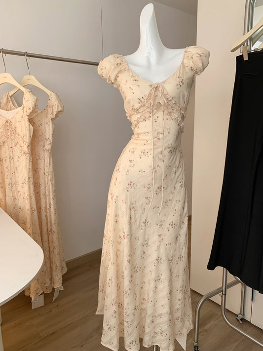 French Retro Floral Dress, Puff - Sleeve V - Neck Waist - Cinching Maxi Dress (Sizes S - XL)