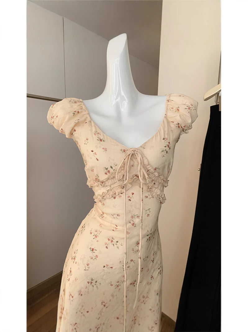 French Retro Floral Dress, Puff - Sleeve V - Neck Waist - Cinching Maxi Dress (Sizes S - XL)
