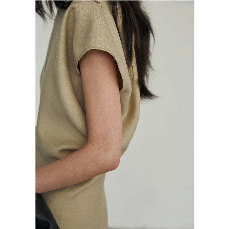 Minimalist Linen - Blended Dress, Khaki Short - Sleeve Long Straight Dress (Sizes S - XL)