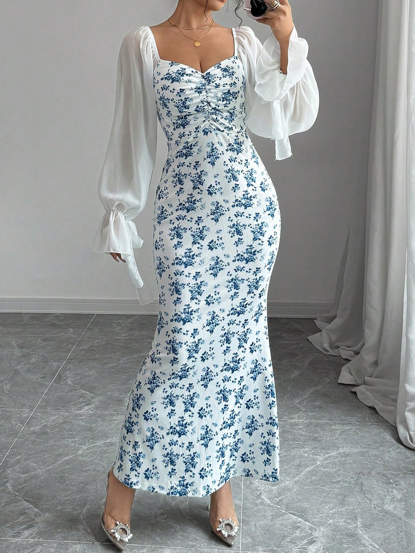 French Square Neck Floral Mermaid Dress, Chiffon - Sleeved Waist - Slimming Long - Length Dress (Sizes S - XL)