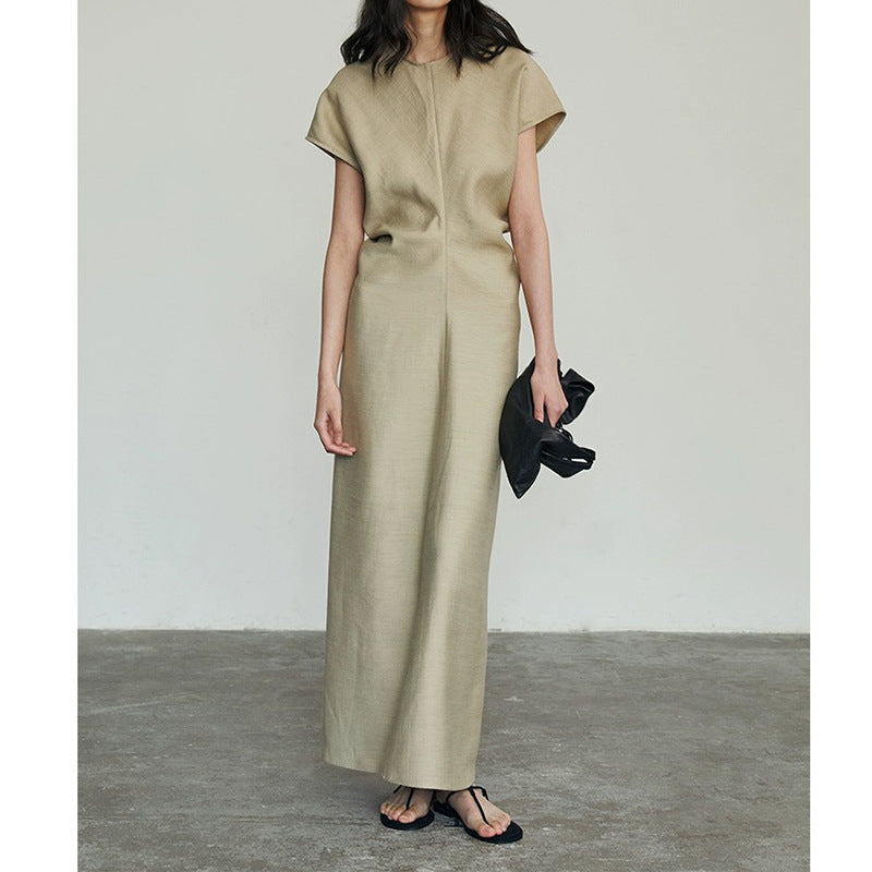 Minimalist Linen - Blended Dress, Khaki Short - Sleeve Long Straight Dress (Sizes S - XL)