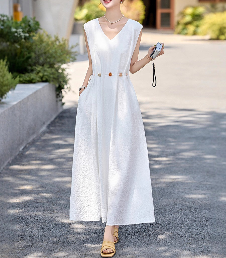 Sleeveless V - Neck White Waist - Cinching Dress, Resort - Style Loose and Slimming Maxi Dress (Sizes S - XL)