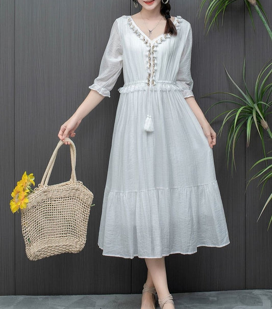 Literary V - Neck Tassel - Decorated Dress, White Waist - Cinching Midi Fairy Dress (Sizes S - XL)