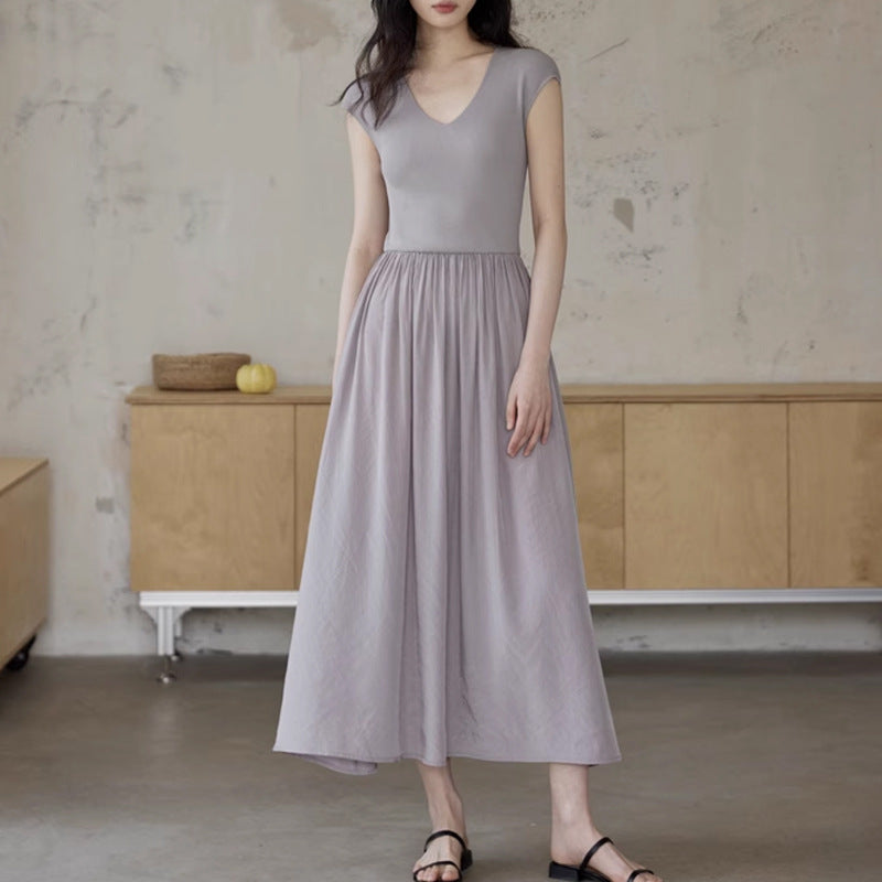 Simple V - Neck Patchwork Dress, Light Gray Slim - Fitting Knitted Top + Maxi Skirt with Large Hem (Sizes S - XL)