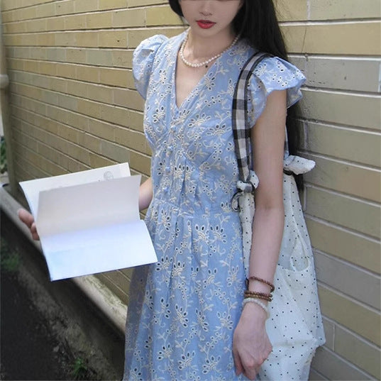 Fresh Blue - White Hollow - Out Embroidered Dress, Flutter - Sleeve V - Neck Waist - Cinching Maxi Dress (Sizes S - XL)