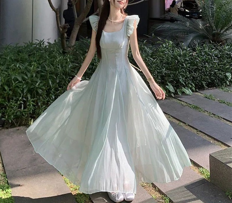 Fairy - Style Square Neck Flutter - Sleeve Dress, Mint Green Waist - Cinching Maxi Tulle Dress (Sizes S - XL)