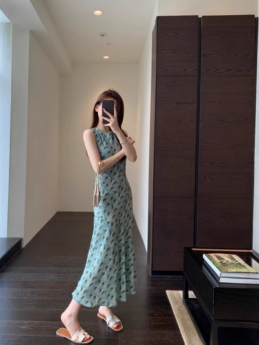Elegant Printed Sleeveless Dress, Slim - Fitting Midi Retro Dress (Sizes S - XL)