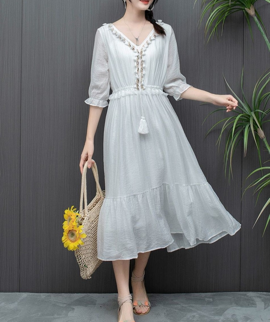 Literary V - Neck Tassel - Decorated Dress, White Waist - Cinching Midi Fairy Dress (Sizes S - XL)