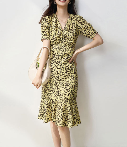 French Floral Mermaid Dress, Waist - Slimming V - Neck Midi Tea - Length Dress (Sizes S - XL)