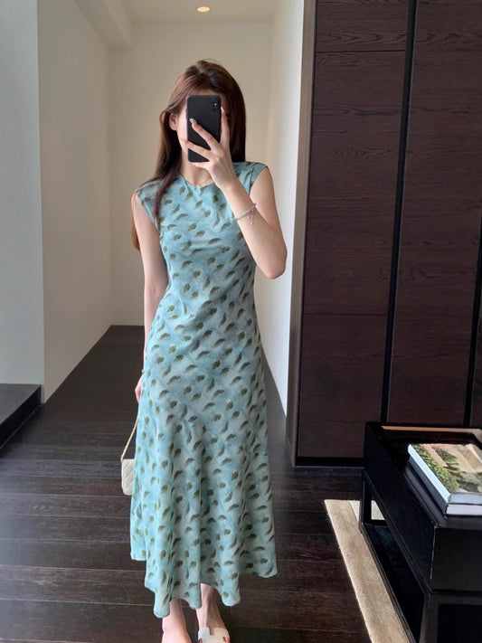 Elegant Printed Sleeveless Dress, Slim - Fitting Midi Retro Dress (Sizes S - XL)