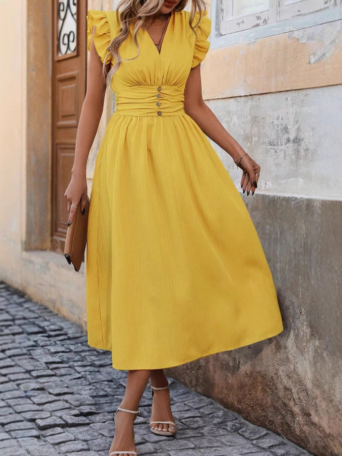 French Retro V - Neck Waist - Cinching Dress, Yellow Ruffle - Sleeve Midi Dress (Sizes S - XL)