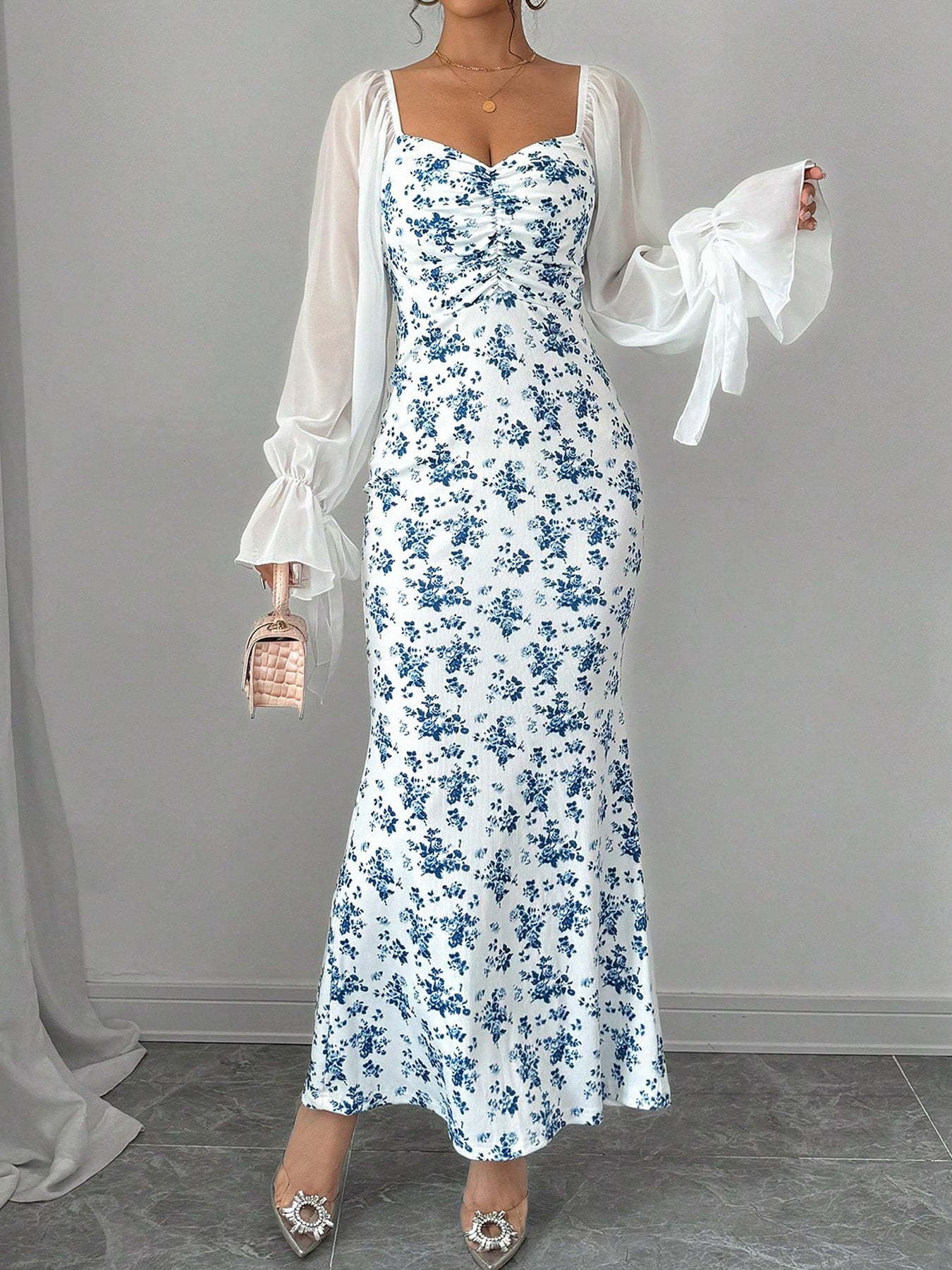 French Square Neck Floral Mermaid Dress, Chiffon - Sleeved Waist - Slimming Long - Length Dress (Sizes S - XL)