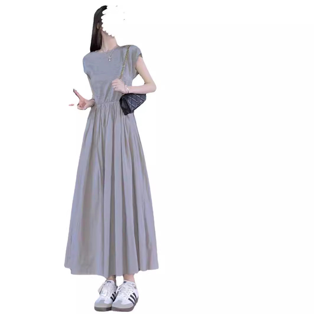 Simple Waist - Cinching Short - Sleeve Dress, Light Gray Elegant Maxi Dress with Large Hem (Sizes S - XL)