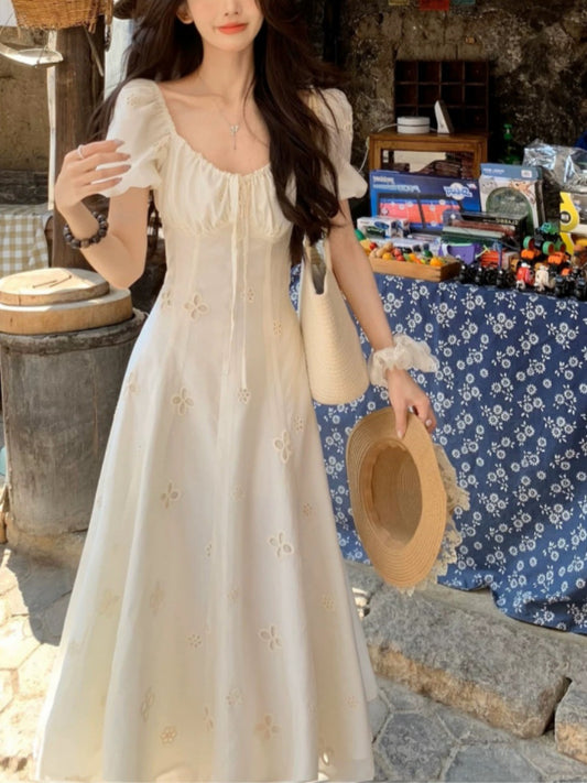 French Square Neck Puff - Sleeve Hollow - Out Dress, Beige Waist - Cinching Fairy Maxi Dress (Sizes S - XL)