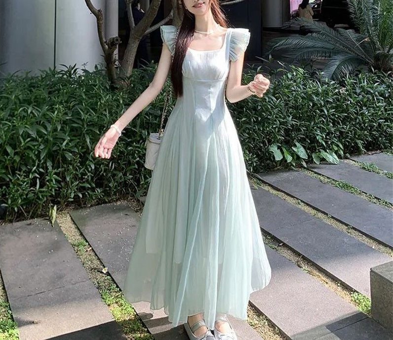 Fairy - Style Square Neck Flutter - Sleeve Dress, Mint Green Waist - Cinching Maxi Tulle Dress (Sizes S - XL)