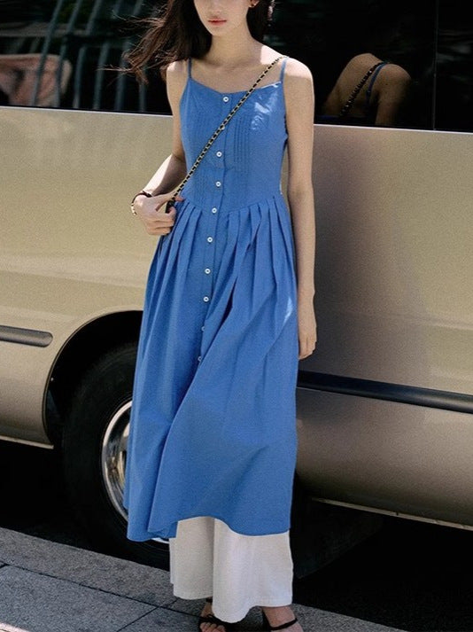 French Retro Single - Row - Button Slip Dress, Blue Waist - Cinching Midi Dress (Sizes S - XL)