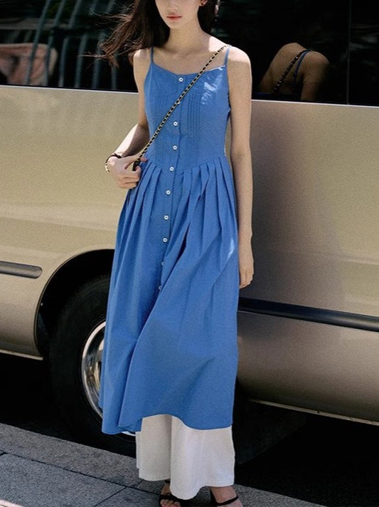 French Retro Single - Row - Button Slip Dress, Blue Waist - Cinching Midi Dress (Sizes S - XL)
