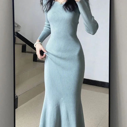 Elegant Square Neck Knitted Dress, Slim - Fitting Mermaid Hem Dress (Sizes S - XL)