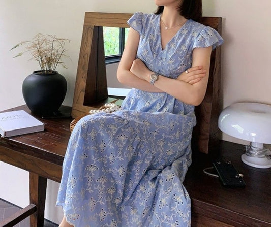 Fresh Blue - White Floral Dress, Hollow - Out Embroidered V - Neck Flutter - Sleeve Maxi Dress (Sizes S - XL)
