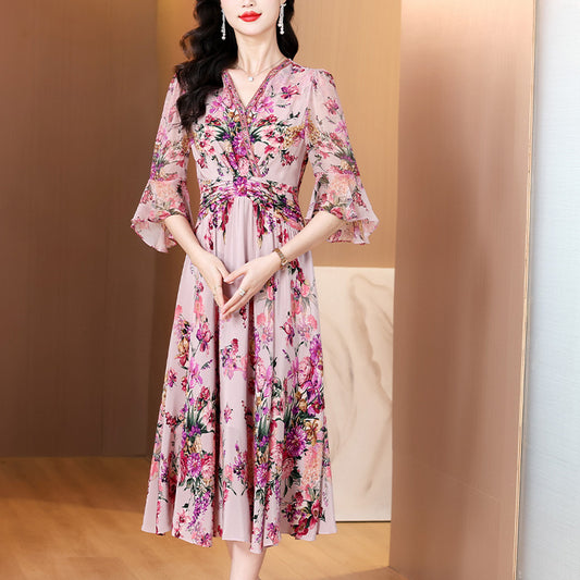 French Romantic Printed Dress, V - Neck Waist - Cinching Flared - Sleeve Midi Dress (Sizes S - XL)