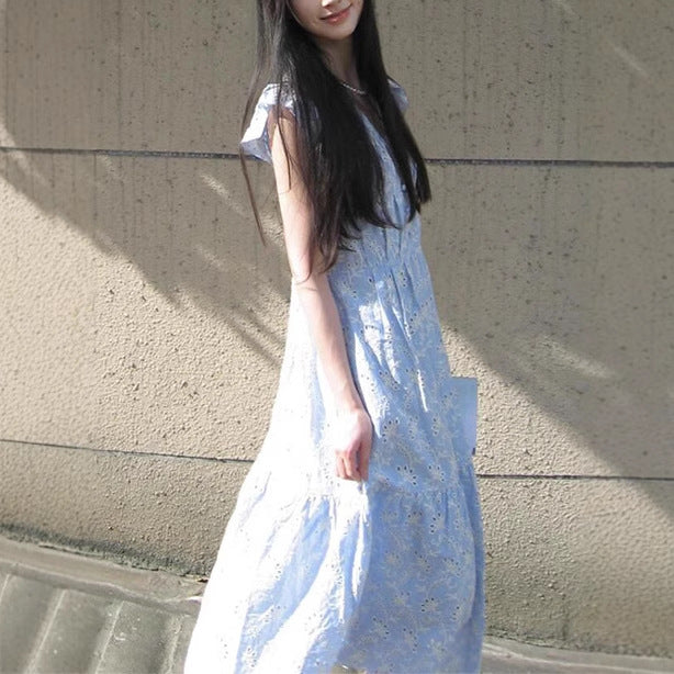 Fresh Blue - White Hollow - Out Embroidered Dress, Flutter - Sleeve V - Neck Waist - Cinching Maxi Dress (Sizes S - XL)