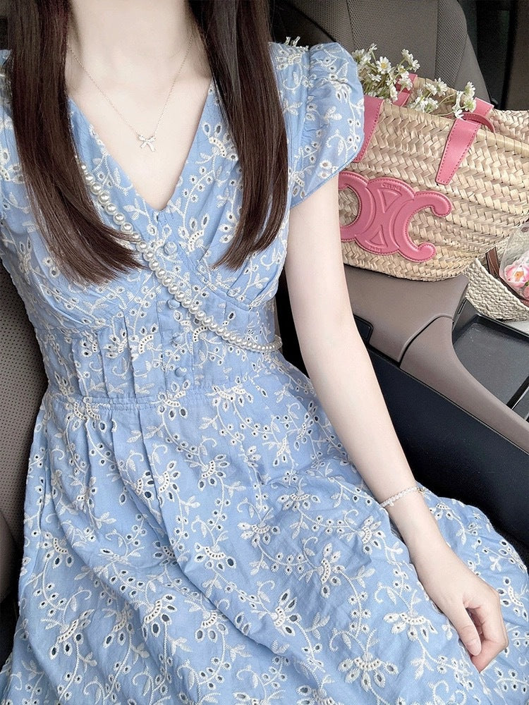 French Retro V - Neck Embroidered Dress, Puff - Sleeve Waist - Slimming Maxi Dress (Sizes S - XL)