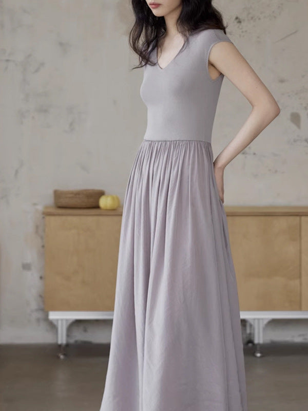 Simple V - Neck Patchwork Dress, Light Gray Slim - Fitting Knitted Top + Maxi Skirt with Large Hem (Sizes S - XL)