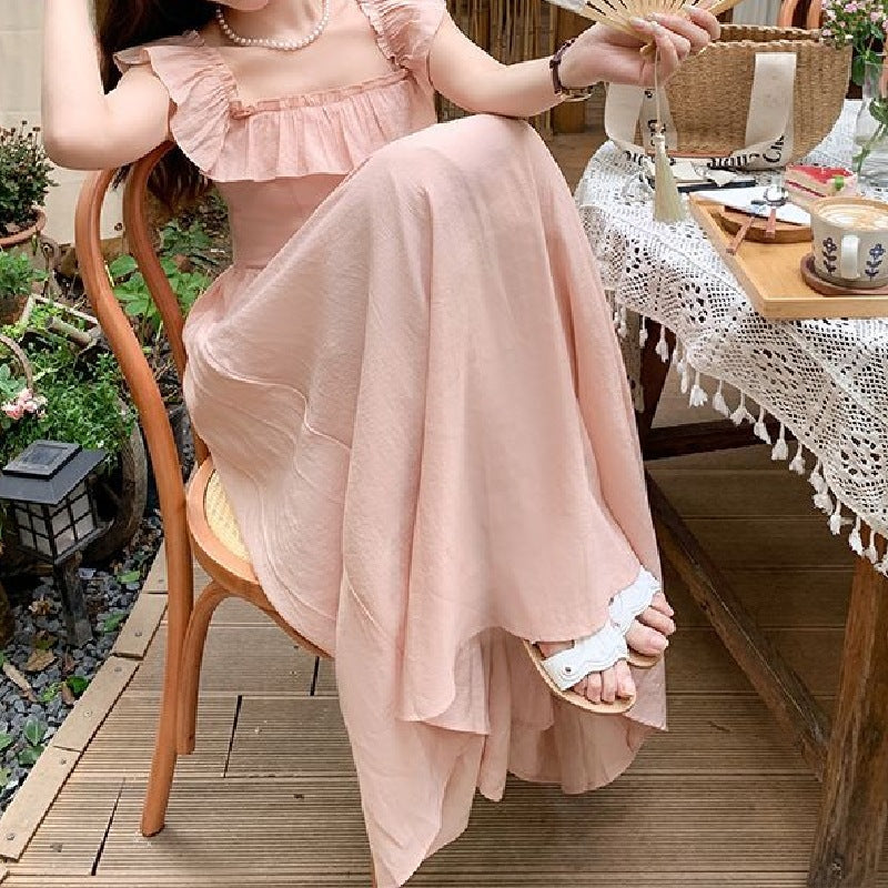 French Retro Square Neck Ruffle Dress, Light Pink Waist - Cinching Maxi Dress (Sizes S - XL)
