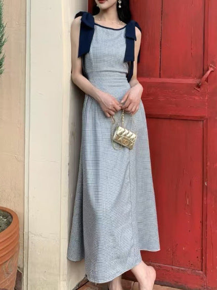 Vintage Checkered Ribbon Sleeveless Dress, Waist - Cinching Elegant Maxi Dress (Sizes S - XL)
