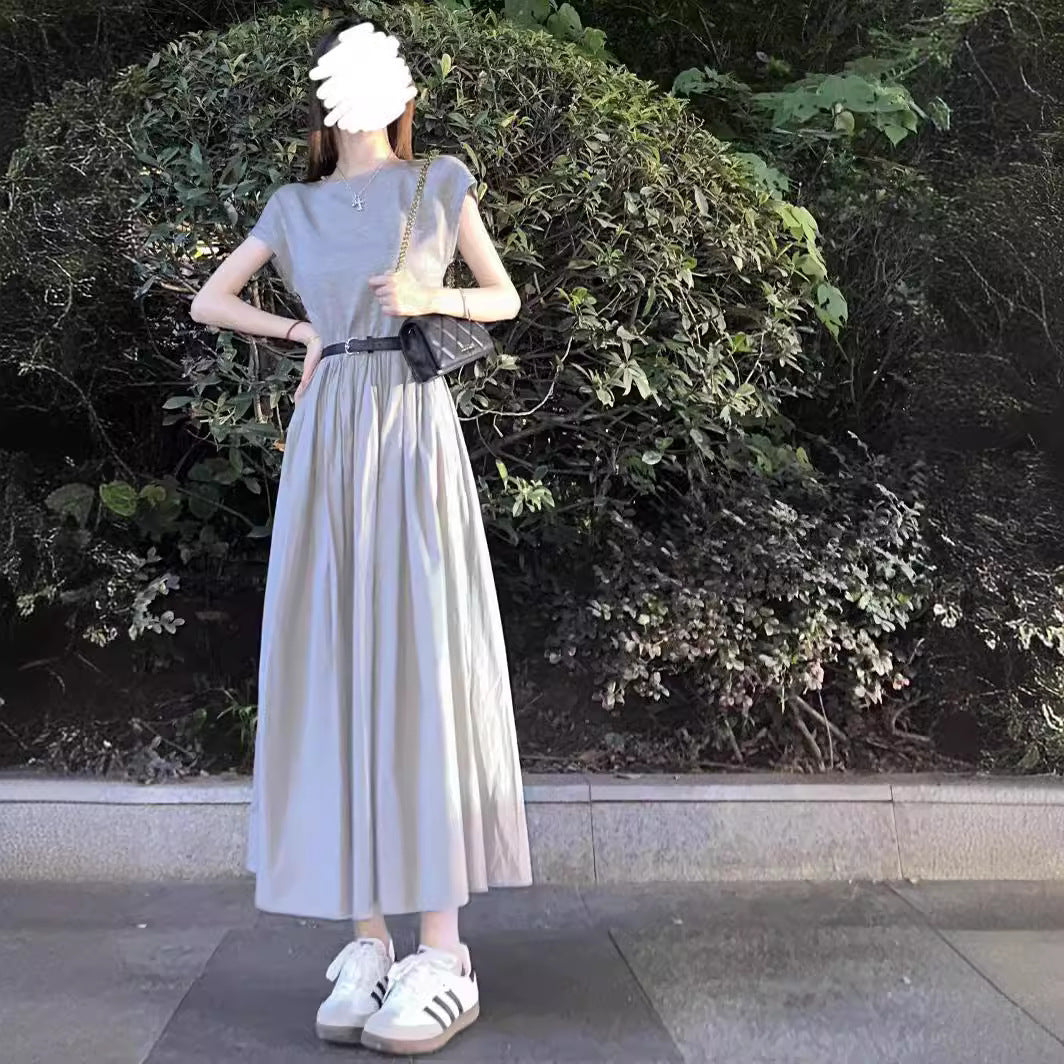 Simple Waist - Cinching Short - Sleeve Dress, Light Gray Elegant Maxi Dress with Large Hem (Sizes S - XL)