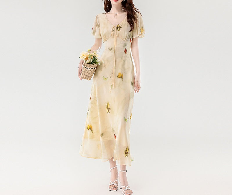 French Butterfly - Printed Chiffon Maxi Dress, Deep V - Neck Tie - Up Waist Fairy Dress (Sizes S - XL)