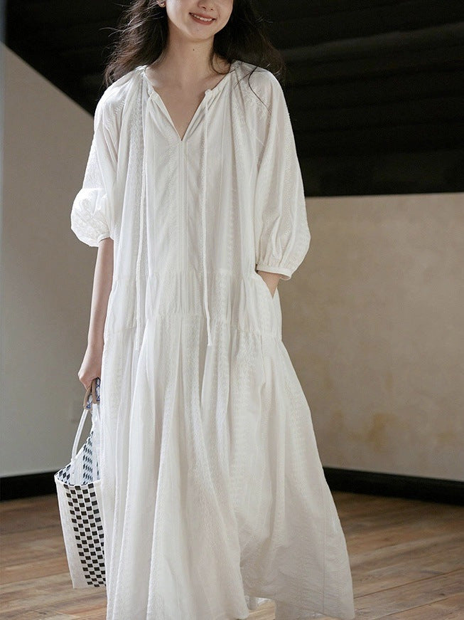 Literary Loose V - Neck Dress, White Embroidered Lantern - Sleeve Maxi Dress (Sizes S - XL)