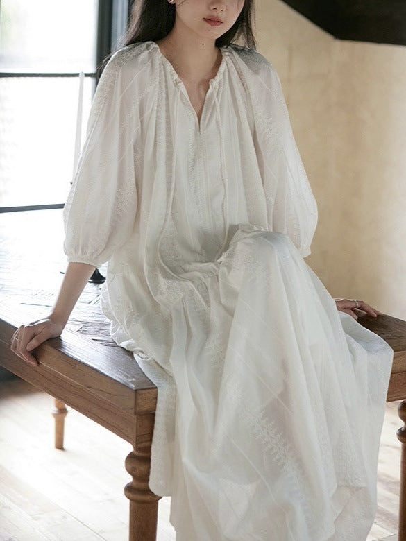 Literary Loose V - Neck Dress, White Embroidered Lantern - Sleeve Maxi Dress (Sizes S - XL)