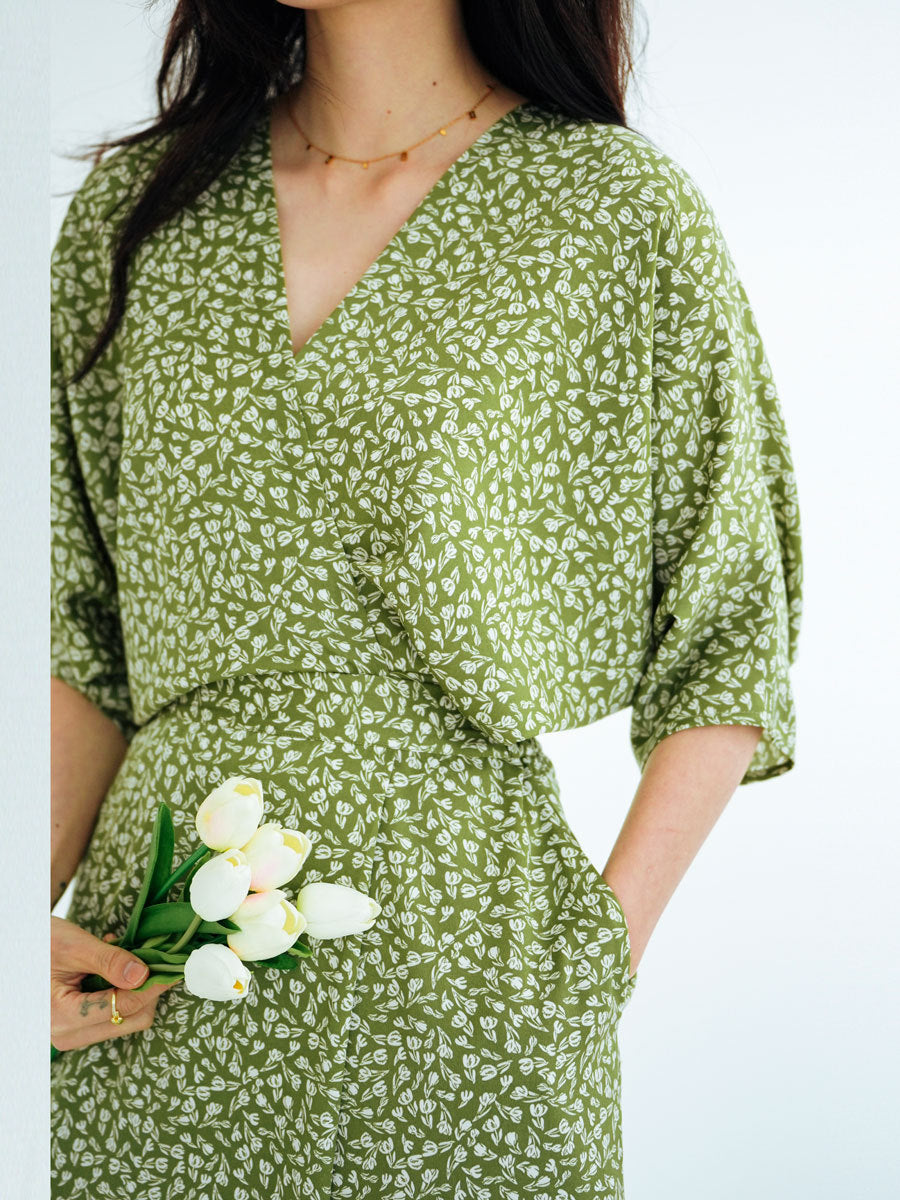 French Floral V - Neck Batwing Sleeve Dress, Retro Waist - Cinching Midi Dress (Sizes S - XL)