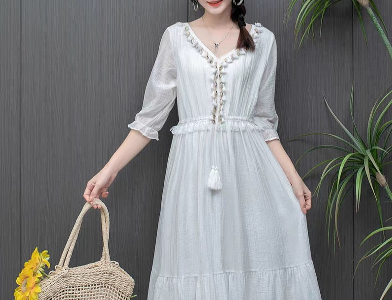 Literary V - Neck Tassel - Decorated Dress, White Waist - Cinching Midi Fairy Dress (Sizes S - XL)