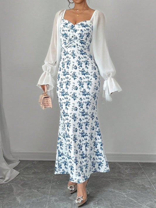 French Square Neck Floral Mermaid Dress, Chiffon - Sleeved Waist - Slimming Long - Length Dress (Sizes S - XL)