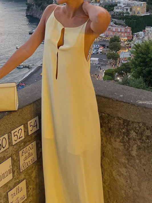 Resort - Style Sexy Open - Back Slip Dress,  Yellow Draping Maxi Dress (Sizes S - XL)