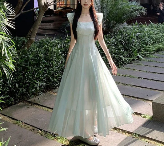 Fairy - Style Square Neck Flutter - Sleeve Dress, Mint Green Waist - Cinching Maxi Tulle Dress (Sizes S - XL)