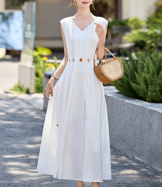 Sleeveless V - Neck White Waist - Cinching Dress, Resort - Style Loose and Slimming Maxi Dress (Sizes S - XL)
