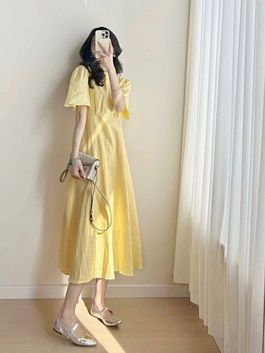 French Puff - Sleeve Yellow Dress, Loose Linen - Like Long Fairy Dress (Sizes S - XL)