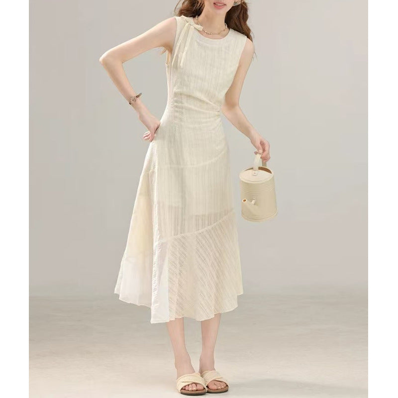 Literary Sleeveless Tie - Detailed Dress, Off - White Irregular Hem Maxi Dress (Sizes S - XL)