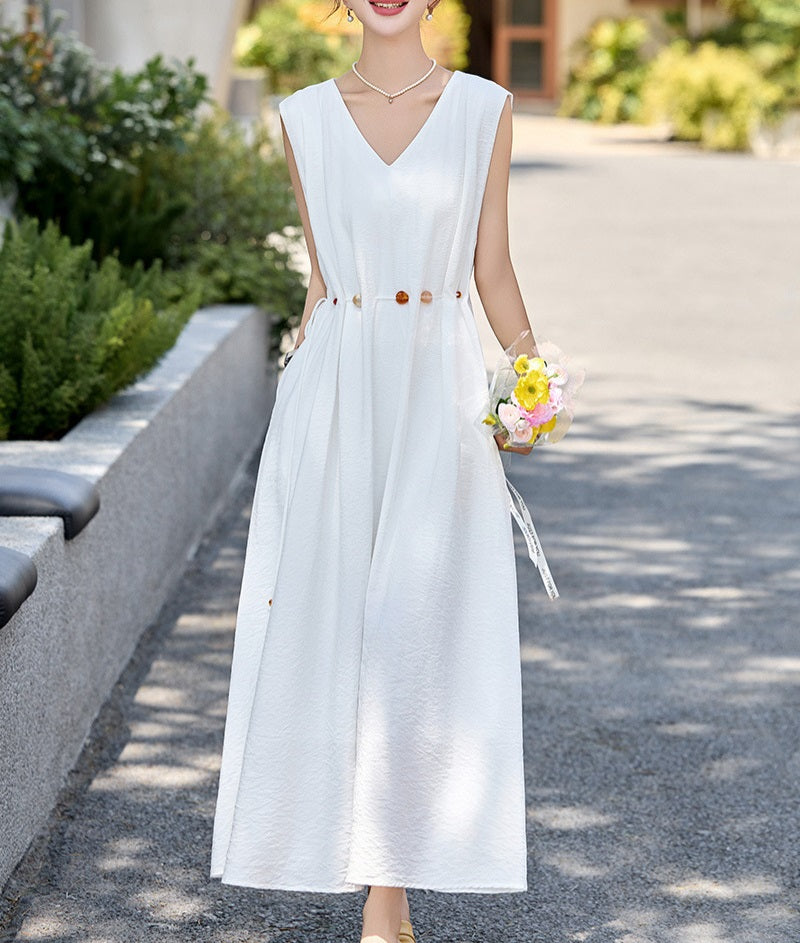 Sleeveless V - Neck White Waist - Cinching Dress, Resort - Style Loose and Slimming Maxi Dress (Sizes S - XL)