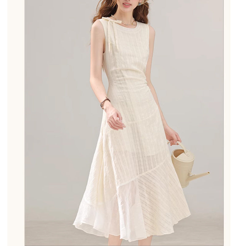 Literary Sleeveless Tie - Detailed Dress, Off - White Irregular Hem Maxi Dress (Sizes S - XL)