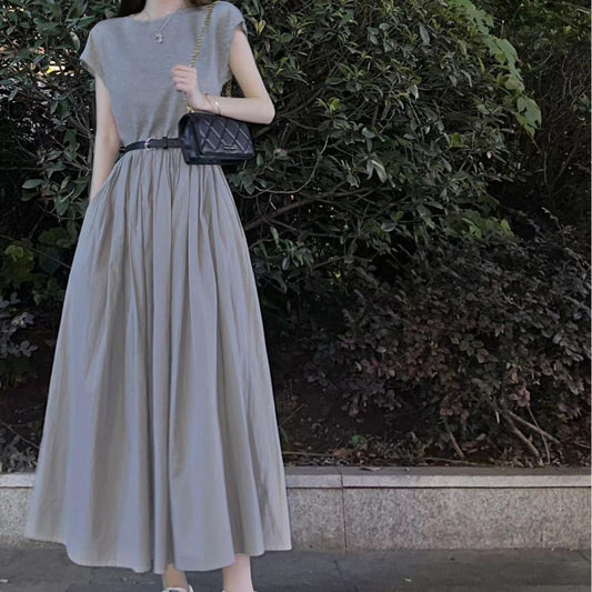 Simple Waist - Cinching Short - Sleeve Dress, Light Gray Elegant Maxi Dress with Large Hem (Sizes S - XL)