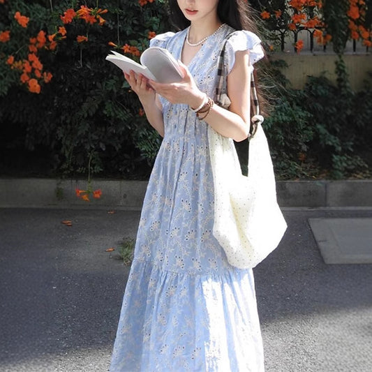 Fresh Blue - White Hollow - Out Embroidered Dress, Flutter - Sleeve V - Neck Waist - Cinching Maxi Dress (Sizes S - XL)