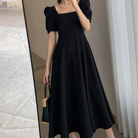 French Square Neck Puff Sleeve Black Dress, Waist - Slimming Elegant Hepburn - Style Maxi Dress (Sizes S - XL)