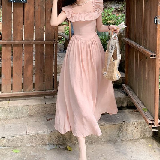 French Retro Square Neck Ruffle Dress, Light Pink Waist - Cinching Maxi Dress (Sizes S - XL)