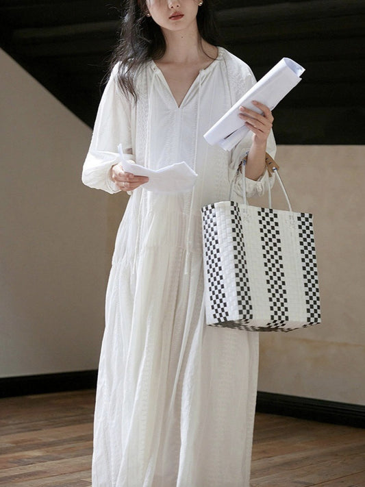 Literary Loose V - Neck Dress, White Embroidered Lantern - Sleeve Maxi Dress (Sizes S - XL)
